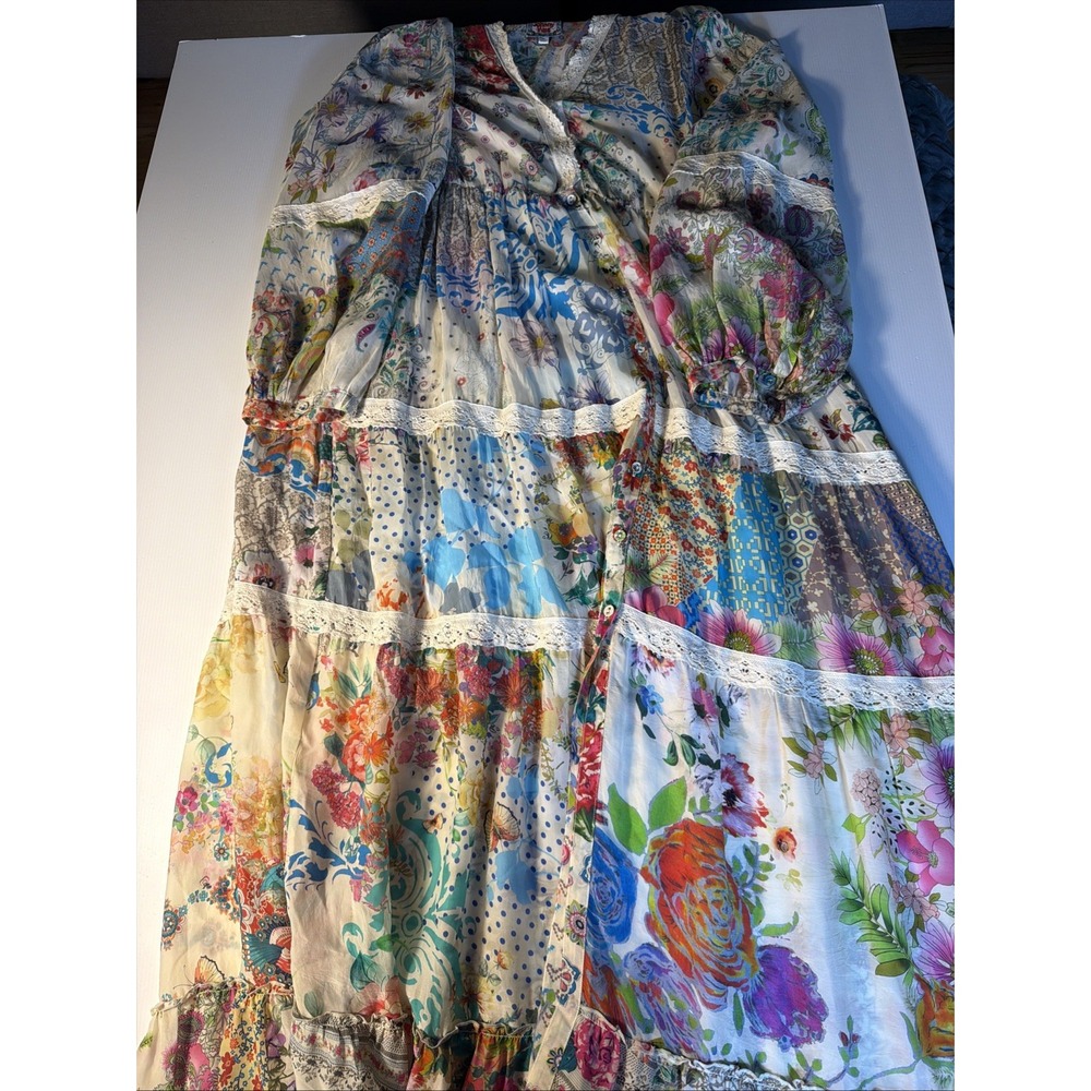 Johnny Was XL Patchwork Floral Silk Cotton Maxi Dress Lace Boho AS IS